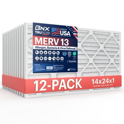 BNX TruFilter 14x24x1 Air Filter MERV 13 AC Filter, HVAC Furnace Filter, 12 Pack (ACTUAL SIZE 13.69"x23.69"x0.75") Allergies, Dust, Pet Dander & Smoke - MADE IN USA - MPR1500 / FPR 10