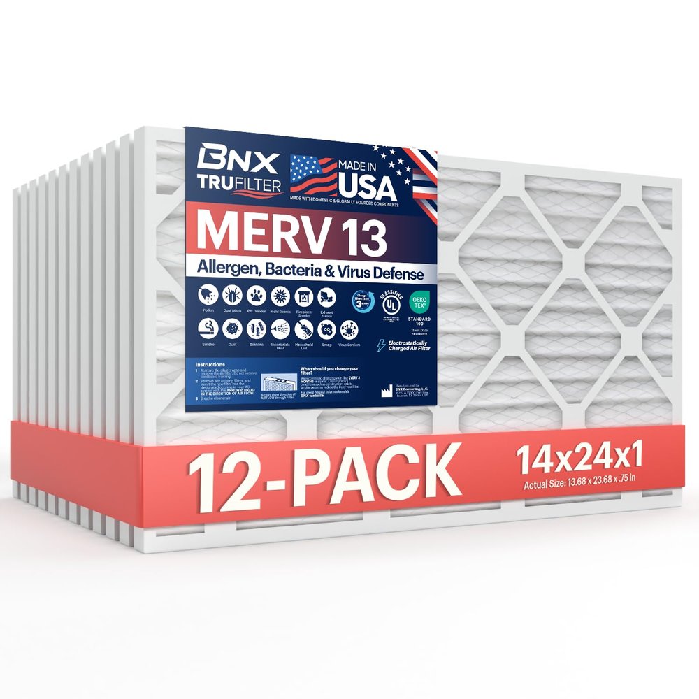 BNX TruFilter 14x24x1 Air Filter MERV 13 AC Filter, HVAC Furnace Filter, 12 Pack (ACTUAL SIZE 13.69"x23.69"x0.75") Allergies, Dust, Pet Dander & Smoke - MADE IN USA - MPR1500 / FPR 10