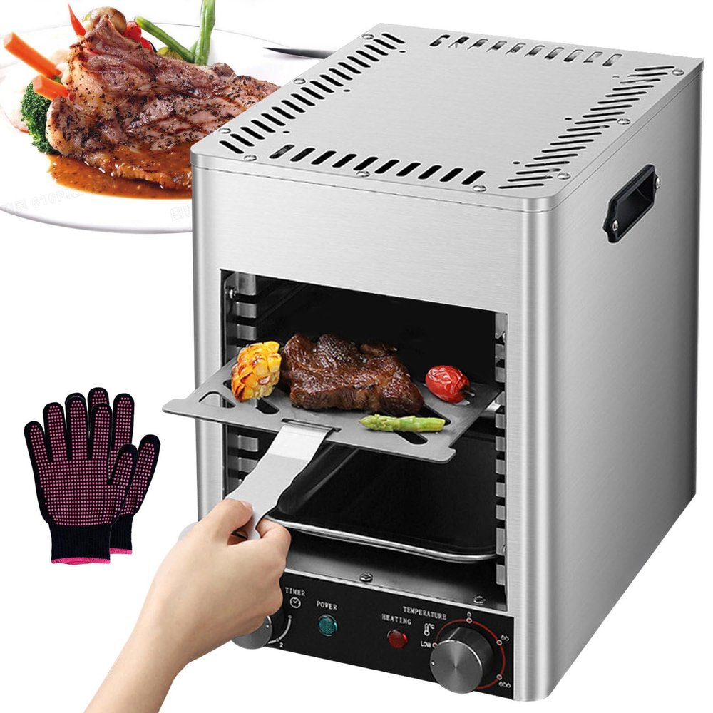 1700W Electric Steak Broiler, 0-10min Time / 200-800 Temperature Adjustable, Commercial Steak Grill with 10 Grilling Slots, for Indoor Kitchen
