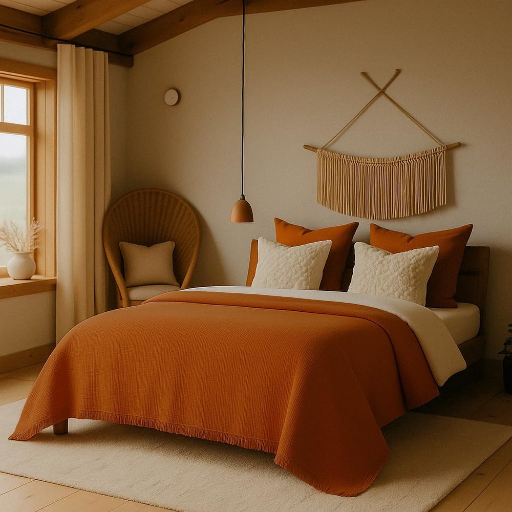 100% Cotton 3 PCS Throw Blanket & Pillowcase Queen Size, 4-Layer Muslin Lightweight and Breathable Summer Bedspread, Soft Gauze Bed Throw (Terracotta, Queen XL - 90x95 inches - 230x240 cm)