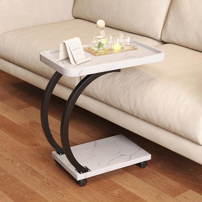 C-Shaped Mobile Side Table with Wheels, Wooden Sofa End Table, Sofa Side Table, Apartment Small Cart, C-Shaped Double-Layer Small Coffee Table (White)