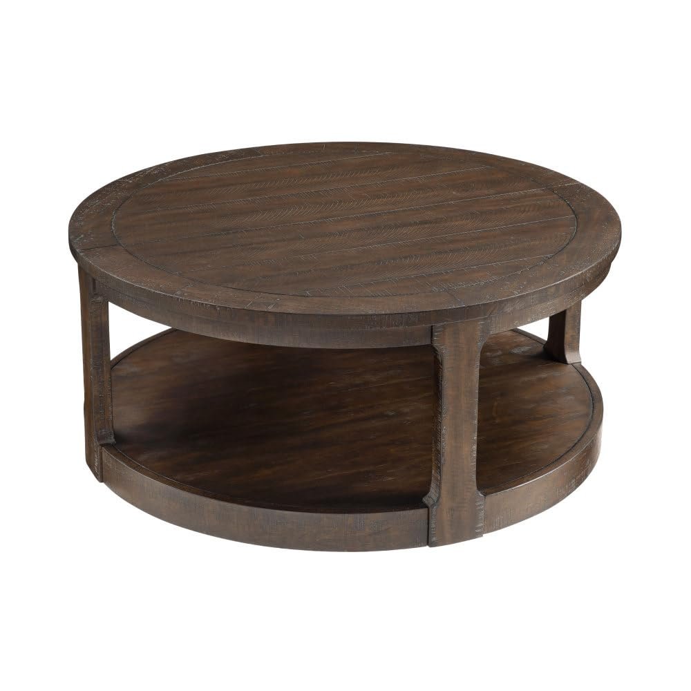 40inch Large Curved 2 Tier Traditional Round Circle Wooden Center Coffee Table,Mid Century Rounded Table with Wheels,Table for Living Room, (Dark Brown + Soild Wood)
