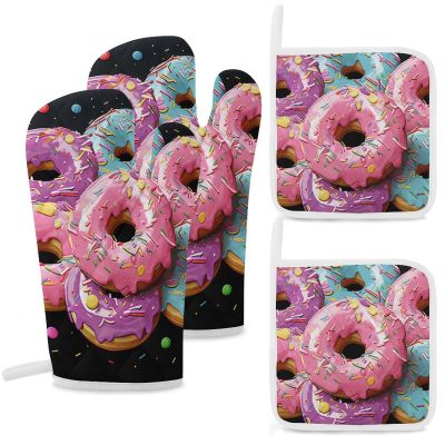 Oven Glove Donut Oven Mitts and Pot Holders Sets of 4 Heat Resistant Gloves BBQ Glove Non-Slip Cooking Gloves for Baking Grilling Kitchen Potholders Gloves