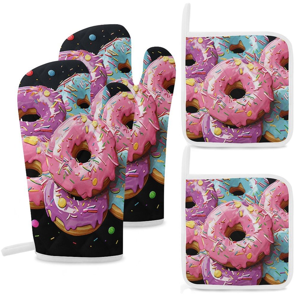 Oven Glove Donut Oven Mitts and Pot Holders Sets of 4 Heat Resistant Gloves BBQ Glove Non-Slip Cooking Gloves for Baking Grilling Kitchen Potholders Gloves