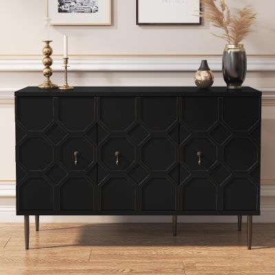 MROJISC Sideboard Buffet Cabinet with Storage, 47" Accent Cabinet with Decorative Carved Pattern Doors, Credenza Storage Cabinet for Living Room, Kitchen, Dining Room, Hallway, Black