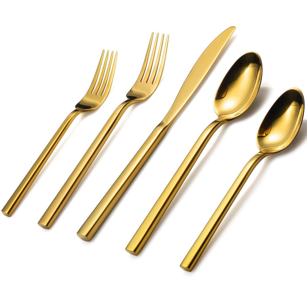 Alata Cube Gold 20-Piece Flatware Set, Forged Cutlery Set, Mirror Finish Silverware Service for 4, Stainless Steel Tableware with Square Handle for Home/Restaurant, Dishwasher Safe