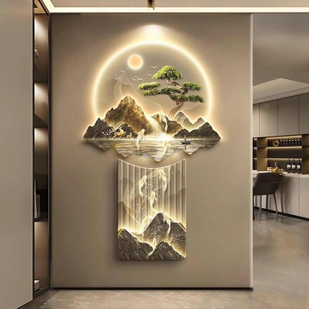 WZUOPG 3D Wall Art Decoration, 3D Wall Art Decoration with LED Lights, Living Room, Hallway, Decorative Landscape Paint, Wall Hanging Art with LED Light
