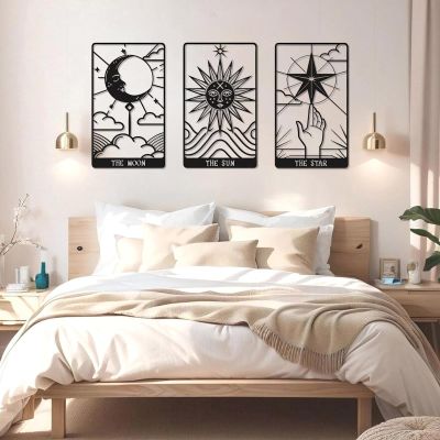 3Pcs Sun Moon Stars Wall Decor, Moon Phase Wall Art, Astrology Wall Art, Tarot Wall Art, Tarot Card Wall Decor, Celestial Wall Decor, Mystical Decor, Retro Wall Art, Boho Wall Decor for Bedroom (Black, 35"x21"/90x53cm)