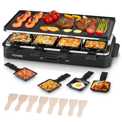 FOHERE Raclette Grill, 2 in 1 Raclette Table Grill Indoor, 1500W Korean BBQ Grill Electric Griddle with Reversible Non-stick plate, Adjustable Temp Control and 8 Paddles for Parties and Family Fun