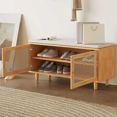 SHENJIA Shoe Bench with Storage, Wood Storage Bench with Removable Cushion & 2 Rattan Sliding Doors, Storage Benches for Hallway Entrance Bedroom Living Room