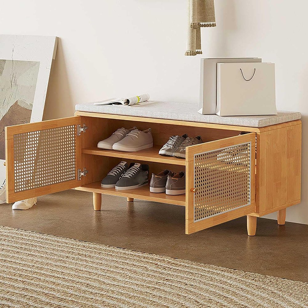 SHENJIA Shoe Bench with Storage, Wood Storage Bench with Removable Cushion & 2 Rattan Sliding Doors, Storage Benches for Hallway Entrance Bedroom Living Room