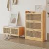 SHENJIA Shoe Bench with Storage, Wood Storage Bench with Removable Cushion & 2 Rattan Sliding Doors, Storage Benches for Hallway Entrance Bedroom Living Room view 2