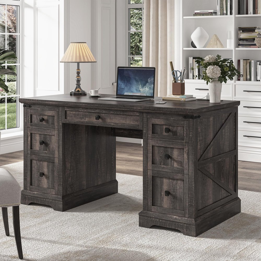 EnHomee 58" W Farmhouse Executive Desk with Drawers, Wood Home Office Desks with Power Outlets, Rustic Computer Desk with Storage Cabinet for Working, Studying, Writing, Dark Rustic Oak