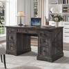 EnHomee 58" W Farmhouse Executive Desk with Drawers, Wood Home Office Desks with Power Outlets, Rustic Computer Desk with Storage Cabinet for Working, Studying, Writing, Dark Rustic Oak view 1