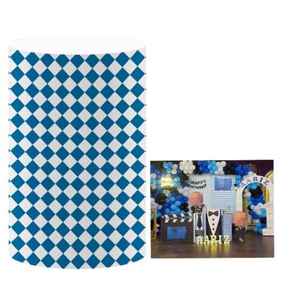 Iydamc Blue Rhombus Plaid Cylinder Table Covers Stretchy Pedestal Stand Elastic Covers for Boy Little Boss Party Decoration Dessert Table Display Pillars Cover Props