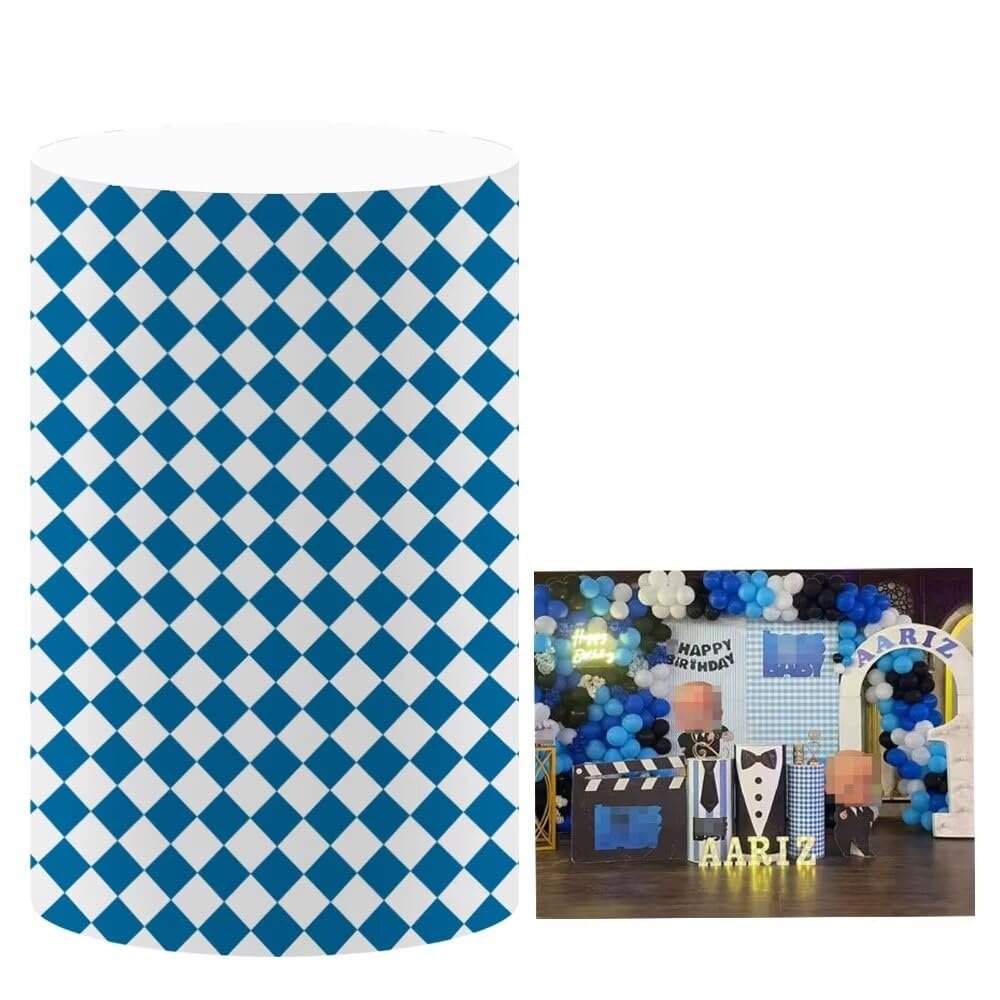 Iydamc Blue Rhombus Plaid Cylinder Table Covers Stretchy Pedestal Stand Elastic Covers for Boy Little Boss Party Decoration Dessert Table Display Pillars Cover Props