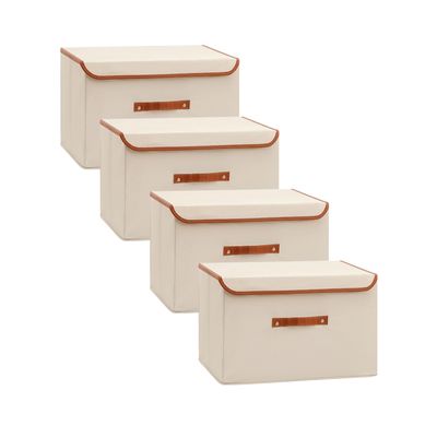 Tuza 4 Pack Large Fabric Storage Bins with Lids, Foldable Storage Boxes with Lids for Organizing, Decorative Storage Boxes with Handles for Home, Bedroom, Closet, Office(Khaki, Medium)