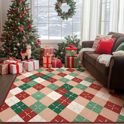 XQKXHZ Christmas Area Rug 5x7 for Living Room Bedroom, Red and Green Plaid Washable Christmas Kitchen Rug, Non Slip Entry Way Rug with Rubber Backing, Indoor Christmas Home Decor,60x90cm