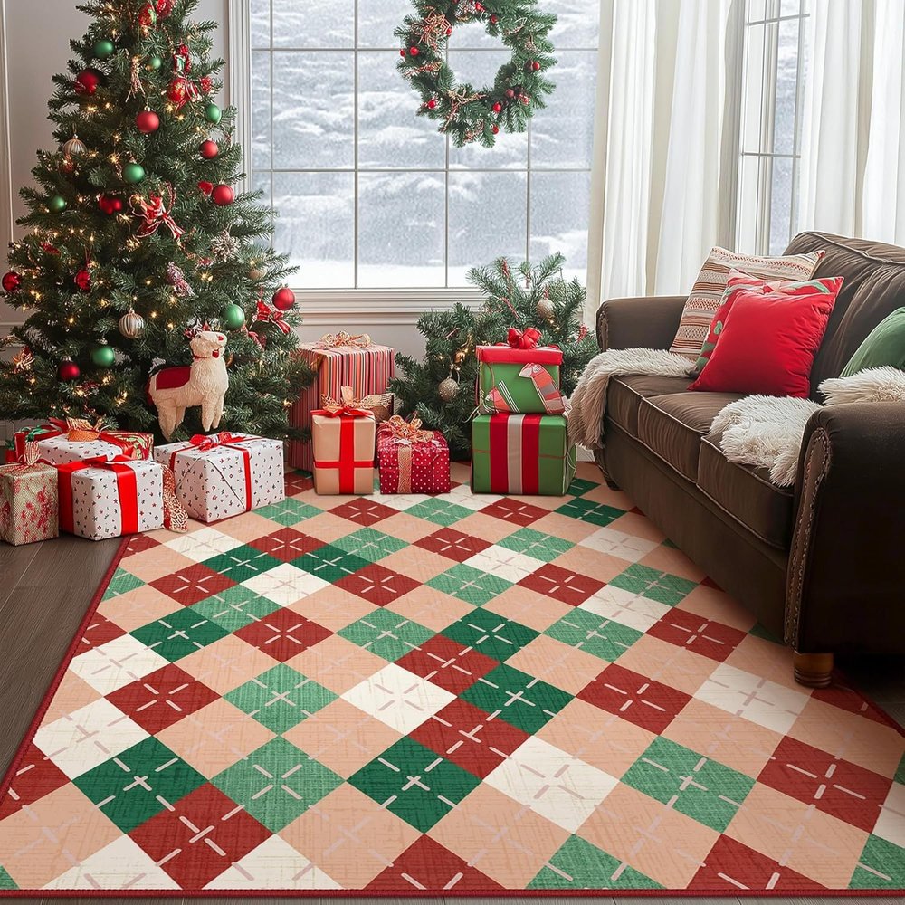 XQKXHZ Christmas Area Rug 5x7 for Living Room Bedroom, Red and Green Plaid Washable Christmas Kitchen Rug, Non Slip Entry Way Rug with Rubber Backing, Indoor Christmas Home Decor,60x90cm