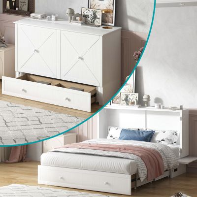 BALUS Murphy Bed, Cube Cabinet Bed with Tri-fold Memory Foam Mattress,Queen Murphy Wall Bed with USB Charging Station and Storage Drawers for Living Room Guest Room Bedroom,White