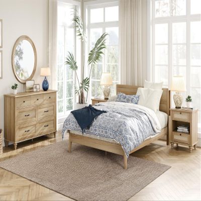 WAMPAT 3 Piece Bedroom Set - Includes Bedroom 7 Drawer Dresser, Set of 2 Rattan Bedside Tables with Charging Station, 3 Piece Dresser and Nightstand Sets, Oak