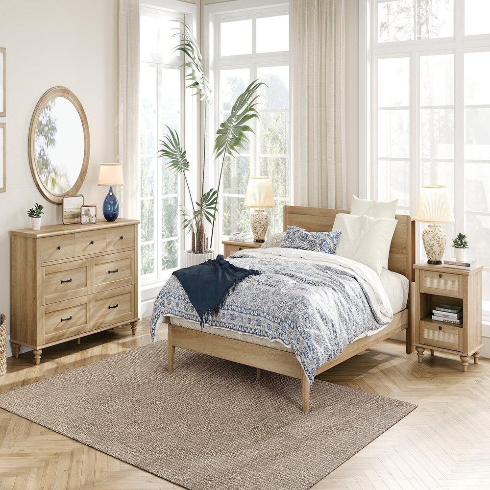 WAMPAT 3 Piece Bedroom Set - Includes Bedroom 7 Drawer Dresser, Set of 2 Rattan Bedside Tables with Charging Station, 3 Piece Dresser and Nightstand Sets, Oak