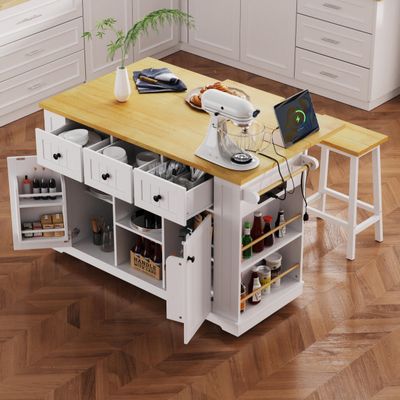 Merax Kitchen Island with Seating Rolling Kitchen Island Cart with Drop Leaf, Fluted Kitchen Carts On Wheels with Storage, Charging Station, White