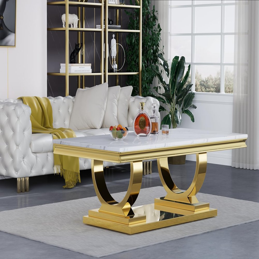 47" White Gold Modern Faux Marble Coffee Table for Living Room With Gold Stainless Steel Pedestal Base, Luxury Rectangular Cocktail Center Table for Apartment