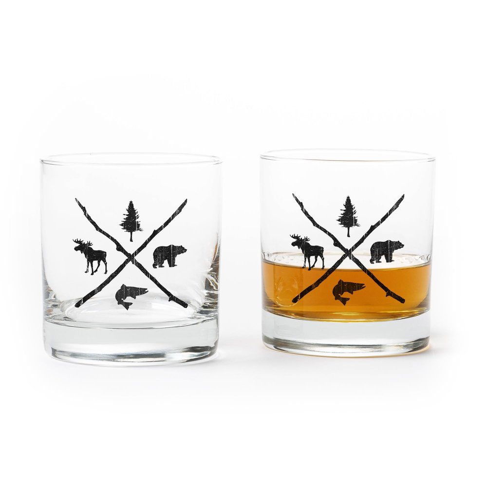 Black Lantern Whiskey Glasses Set of 2 11oz Heavy Base Tumblers for Everyday Use - Old Fashioned Glasses - Dishwasher Safe - Pine Bear Trout Moose