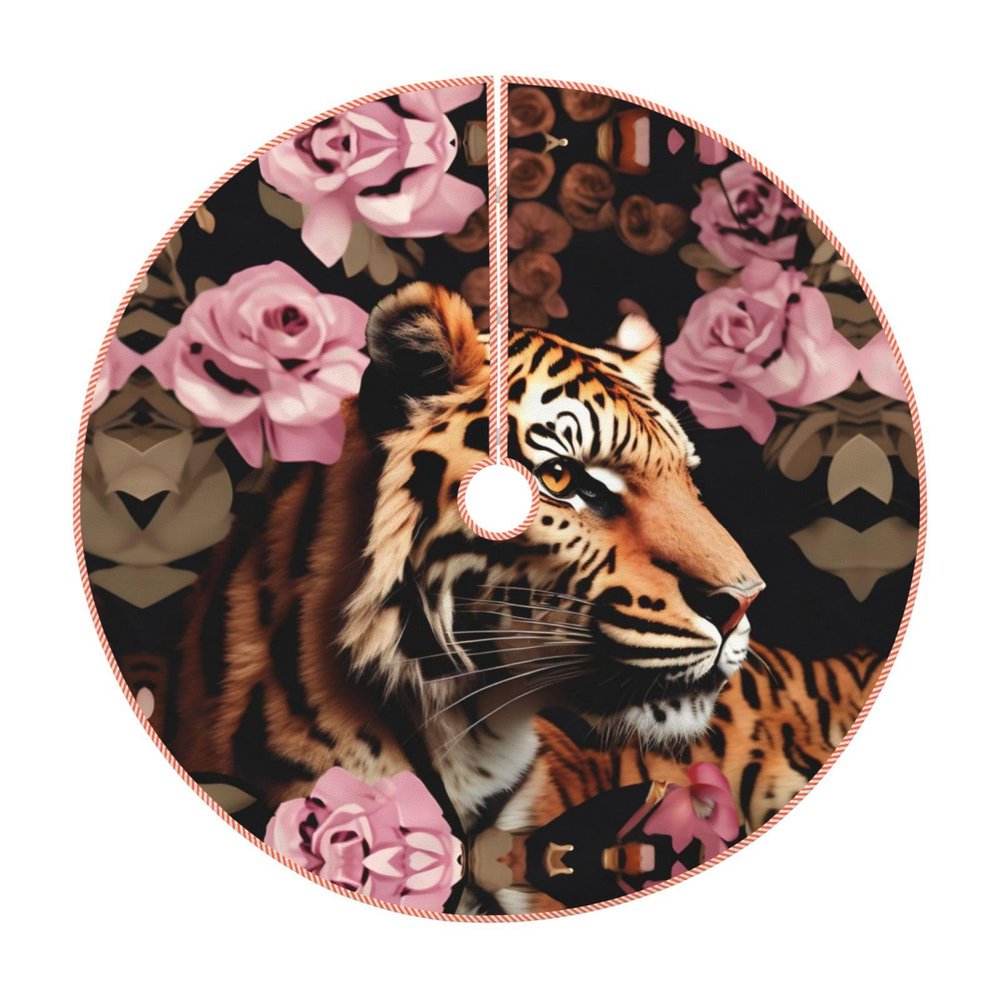 Animal Tiger Leopard Print Rose Flower Print Christmas Tree Skirt Rustic Christmas Decorations Winter New Year Holiday Party Decor
