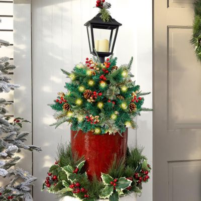 Pre-lit Christmas Urn Filler with Lights,Christmas Planter Filler with Tripod Stake,Holiday Planters Christmas Decoration,16" Artificial Mini Xmas Pine Tree for Outdoor Festival Christmas Decor 1pc