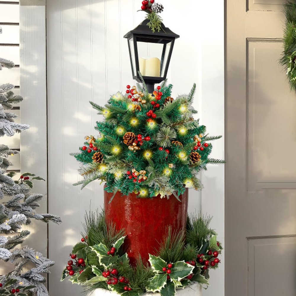 Pre-lit Christmas Urn Filler with Lights,Christmas Planter Filler with Tripod Stake,Holiday Planters Christmas Decoration,16" Artificial Mini Xmas Pine Tree for Outdoor Festival Christmas Decor 1pc