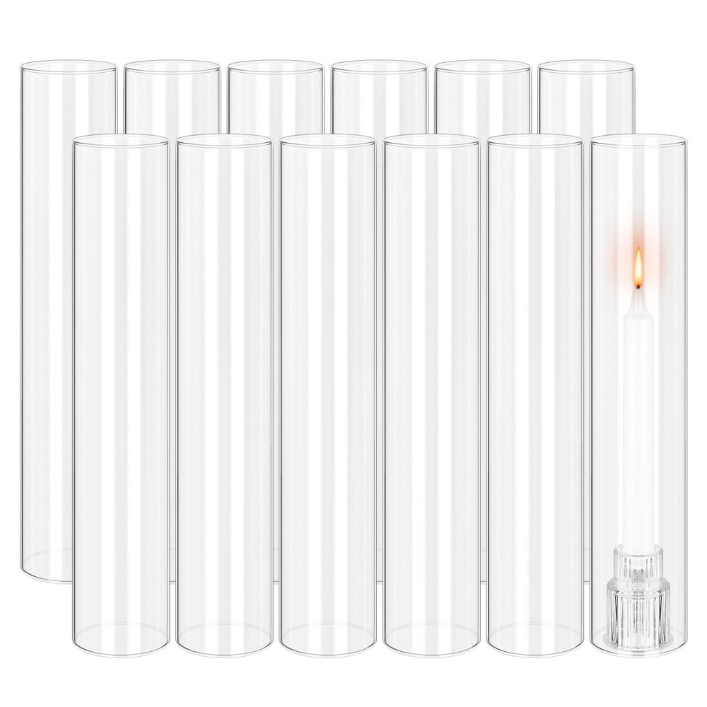 12 PCS Hurricane Candle Holder, 2.5" W x 14" H Open Ended Glass Candle Cylinder Sleeve, Clear Glass Cylinder Candle Holder, Open Flame Candle Chimney Tube Cover, Bottomless Cylindrical Glass