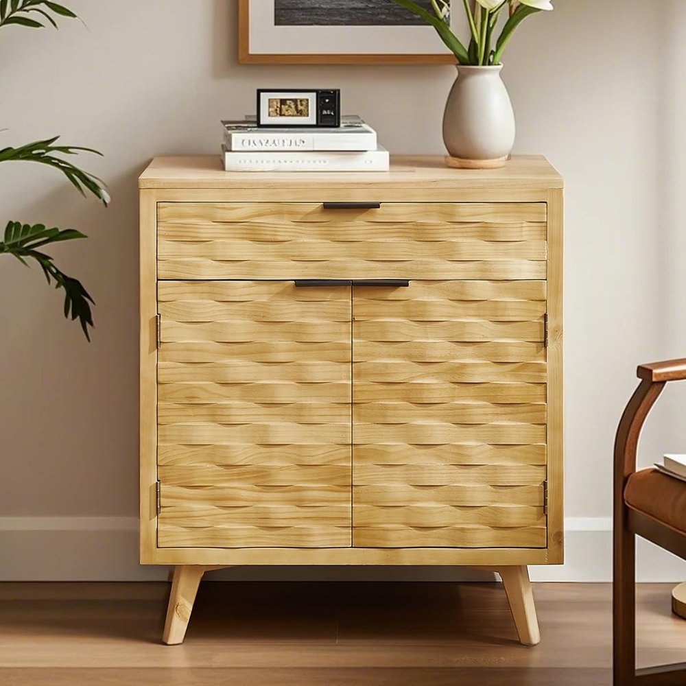 Fat Ant Sideboard Buffet, Accent Wood Credenza with 2 Doors with Drawers, Water Ripple Wood and Removable Shelf for Living Room, Entryway Hallway and Kitchen Dining Room