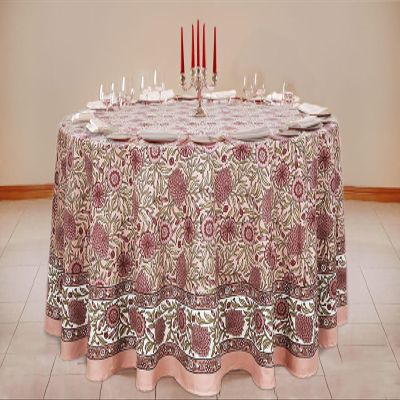 110 Inches Round Hand Block Printed Cotton Tablecloth, Pink Red Floral Table Cloths Washable, Indian Table Linen Home Decor Dinning Outdoor