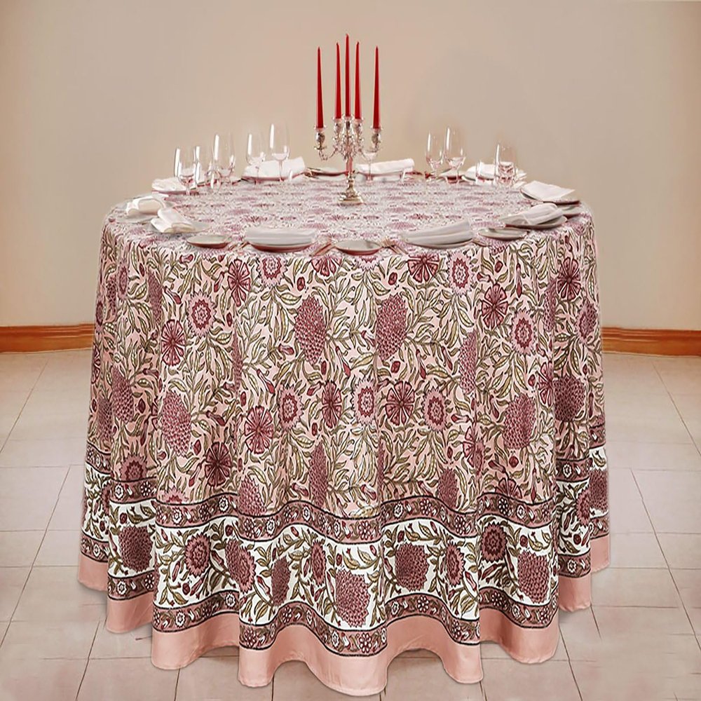 110 Inches Round Hand Block Printed Cotton Tablecloth, Pink Red Floral Table Cloths Washable, Indian Table Linen Home Decor Dinning Outdoor