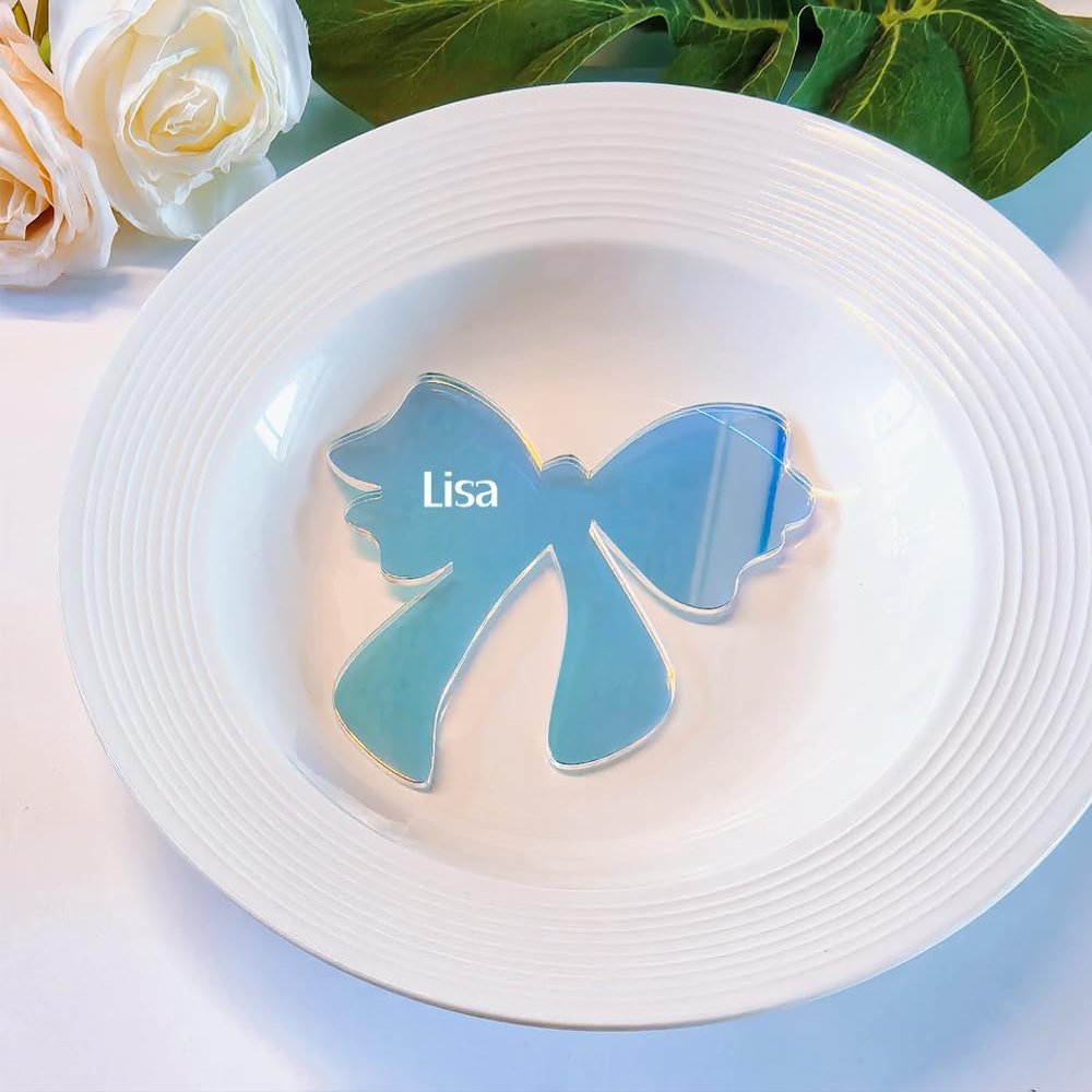 Yuxuanish Set of 10 Elegant Acrylic Bow Place Cards,Acrylic Ribbon Name Cards for Weddings, Bridal Showers,and Holiday Parties (Rainbow)