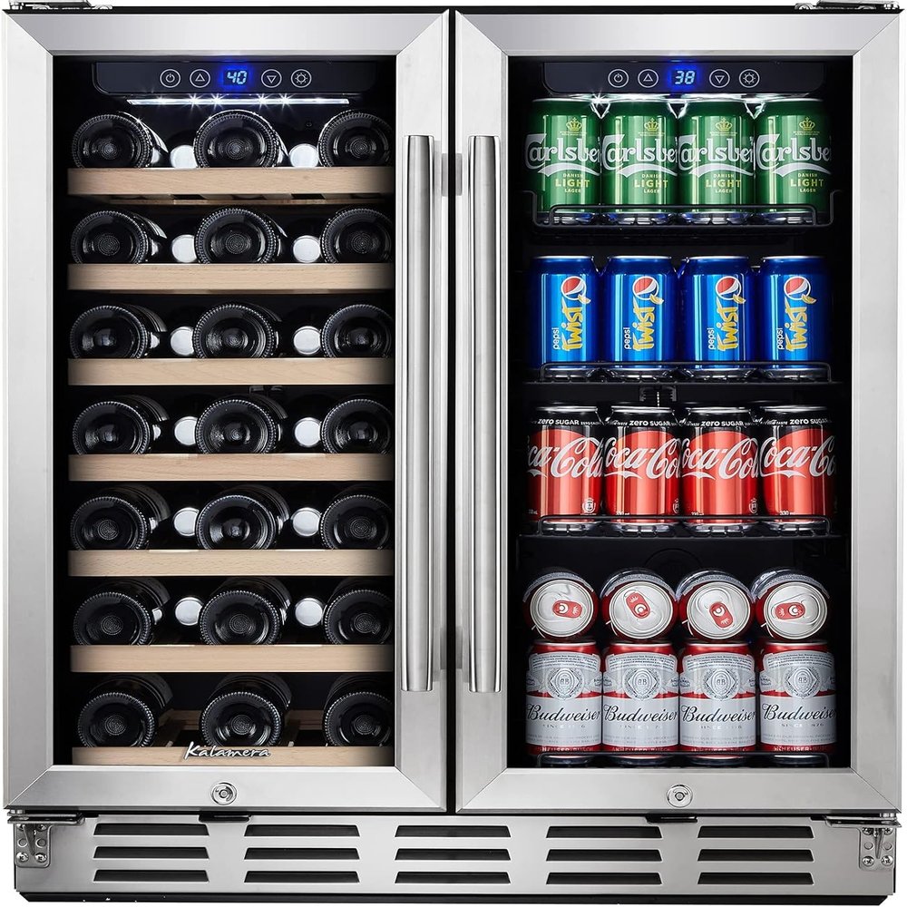 Kalamera Beverage and Wine Fridge, 30 inch Wine Refrigerator Dual Zone Hold 33 Bottles and 96 Cans, Digital Touch Control, Built-In or Freestanding