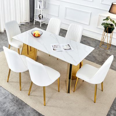 hohoedc 63 Inch Marble Dining Table Set for 6 with Sintered Stone Tabletop & 6 PU Leather Chairs, Modern 6-Seater Rectangle Set for Dining Room & Kitchen