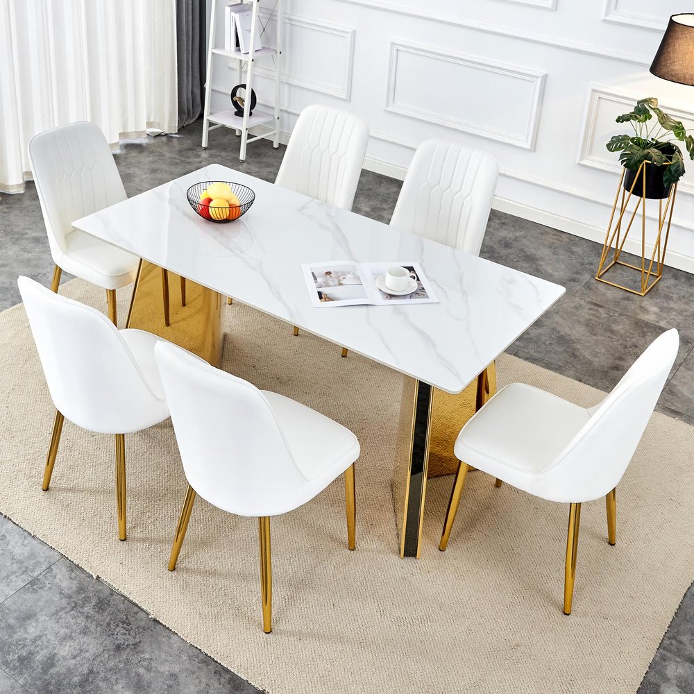 hohoedc 63 Inch Marble Dining Table Set for 6 with Sintered Stone Tabletop & 6 PU Leather Chairs, Modern 6-Seater Rectangle Set for Dining Room & Kitchen