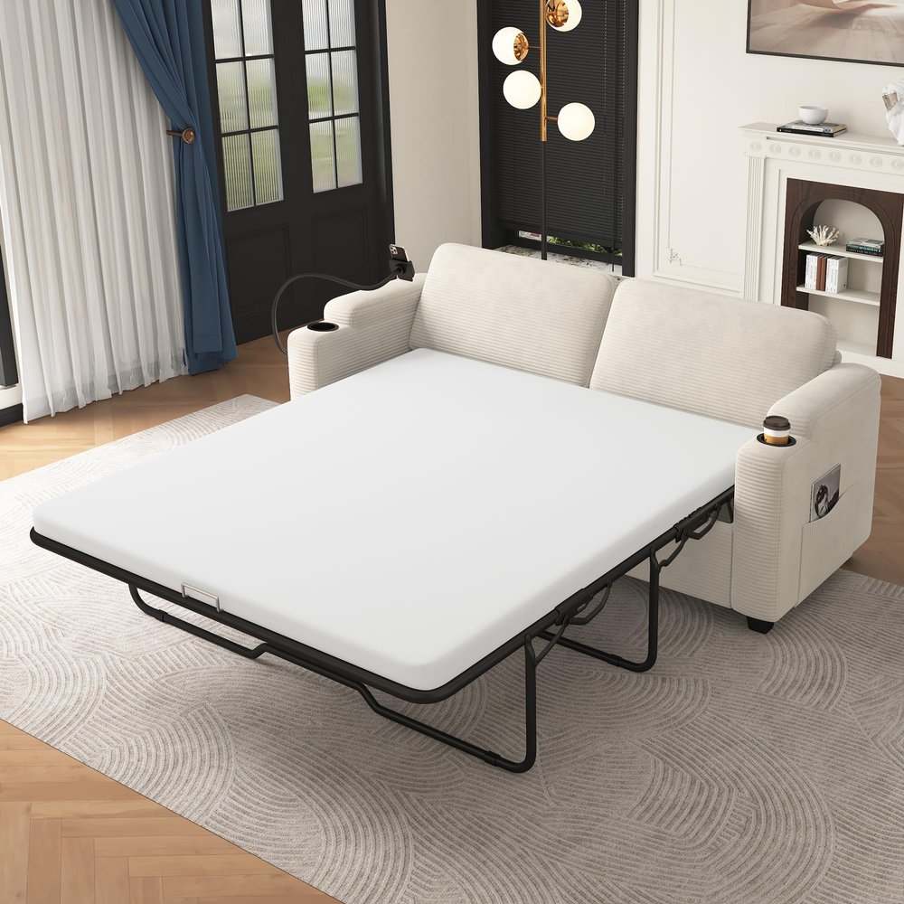 2-in-1 Design Pull Out Sofa Bed, Loveseat Sleeper with Twin Size Memory Mattress, Versatile Pull Out Couch Beds with Cup Holders, Phone Holder for Living Room/Small Spaces (Beige-11.2)