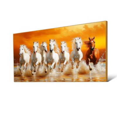 7 Horses Running Painting Vastu,7 Running Horses Wall Art,Seven Horse Pictures with Frame,Seven Horse Painting Vastu for Living Room,Bedroom,Large Size Ready to Hang (Gold Metal Frame, 23"Wx13"H/60x35cm, Framed)