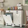 Furniouse Farmhouse Trash Can Cabinet, Double Tilt Out Trash Bin Cabinet with Barn Doors & Hideaway Drawers for Kitchen, Antique White view 1