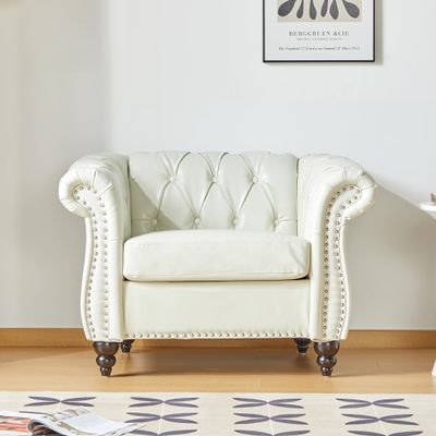 AVZEAR Leather Upholstered Armchair, Mid-Century Modern Single Sofa Chair with Rolled Arms and Nailhead, Tufted PU Leather Chesterfield Chair for Living Room, Bedroom, Office, Apartment, PU White