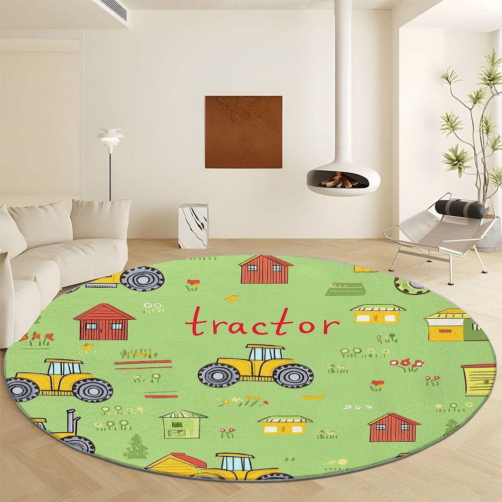 Round Rug 6ft Cartoon Farm Field Tractor Washable Circle Rug Non Slip Low Pile Small Circular Rug for Bedroom, Bathroom, Entryway, Kids Room, Office, Dorm