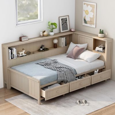XD Designs Farmhouse Twin Size Daybed Sofa Bed with L-Shape Headboard, Wood Platform Bed Corner Sofa Bed Frame with Sliding Doors and 3 Storage Drawers for Home Office Bedroom Living Room (Twin)