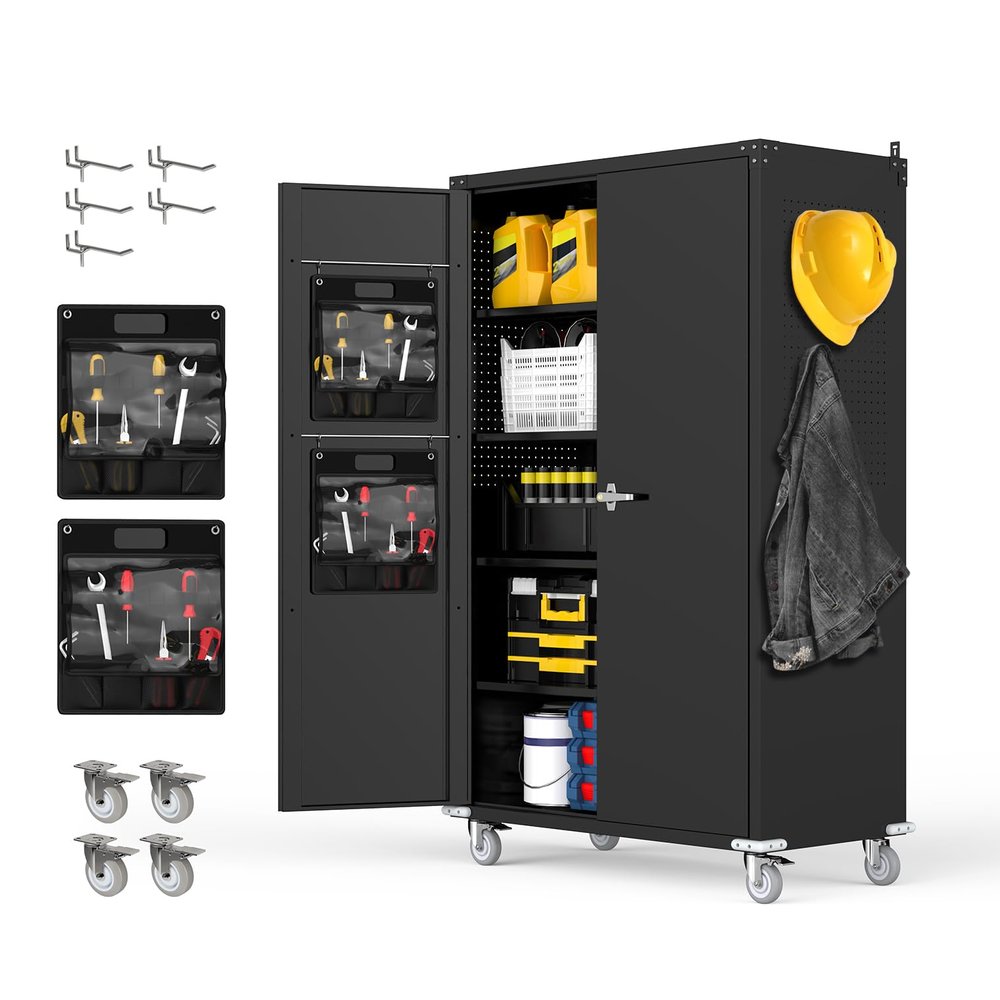 Reykilor Tall & Wide Metal Garage Storage Cabinet with 4 Adjustable Shelves, 43''W x 22''D x 72''H with Wheels & Pegboards, Heavy Duty Lockable Garage Cabinet for Warehouse, Basement, Office, Gym