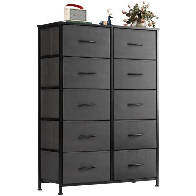 Dresser for Bedroom, 10 Storage Drawers, Anti-Tip Tall Fabric Closet Chests Organizer Tower Furniture with Wooden Top Metal Frame for Clothes, Living Room, Hallway, Entryway