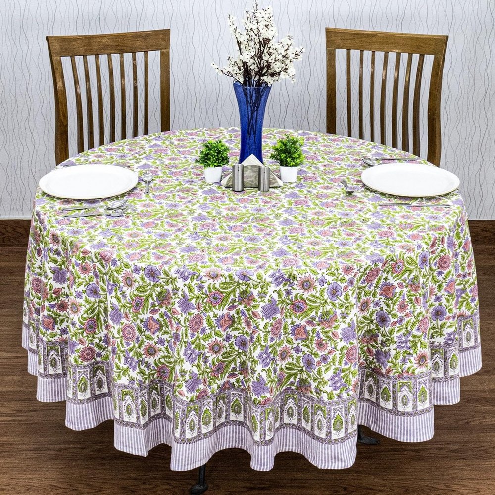 110 Inches Round Hand Block Printed Cotton Tablecloth, Green Purple Floral Table Cloths Washable, Indian Table Linen for Valentine Gifts Home Decor Dinning Outdoor