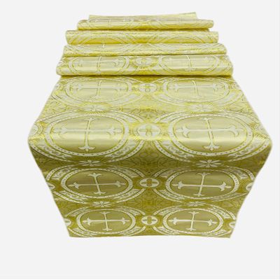New Creations Fabric & Foam Inc, Religious Brocade Runner Tablecloth | Liturgical Fabric | Runner Ecclesiastical Jacquard | Church | Vestment-Cross Brocade. (Beige / Gold, 14" Wide x 108" Long)